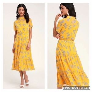 Lulus | Dressed Up Mustard Floral Midi Dress M